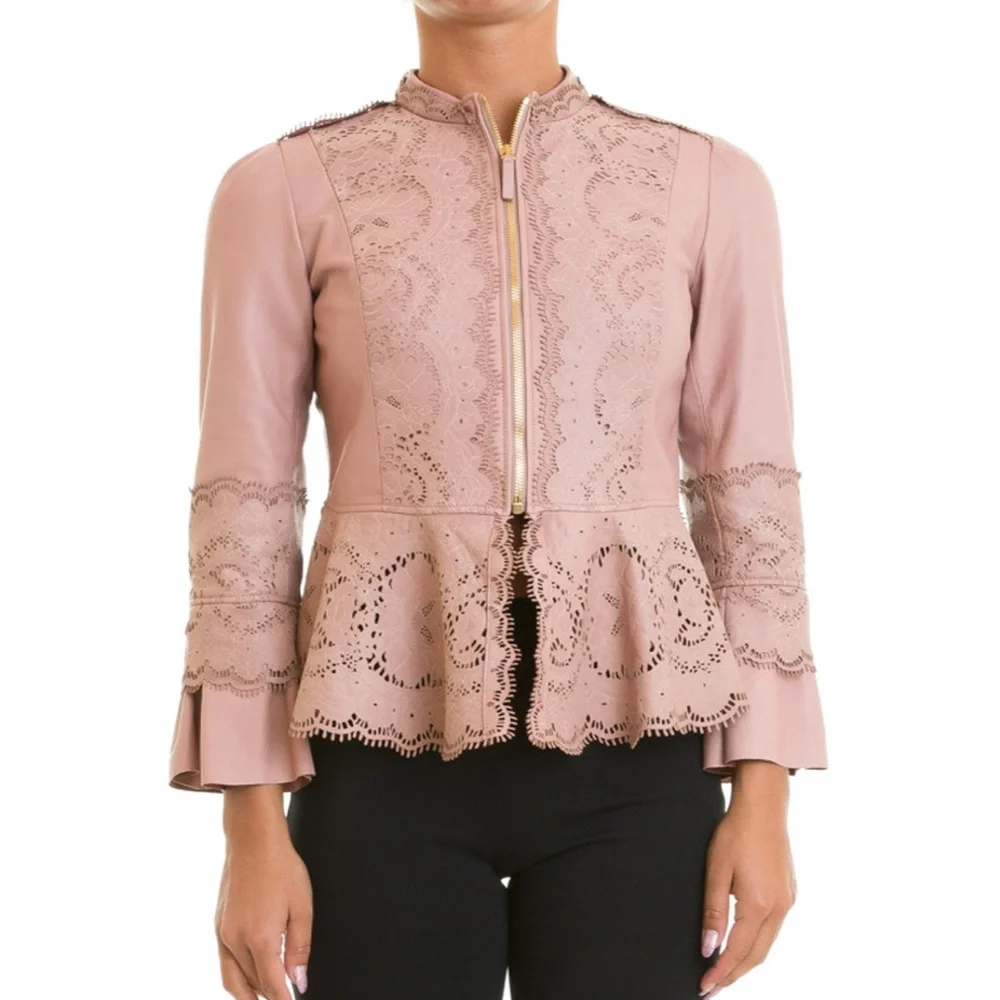 Roberto Cavalli Pink Laser Cut Pink Leather Jacket - Picture 2 of 8